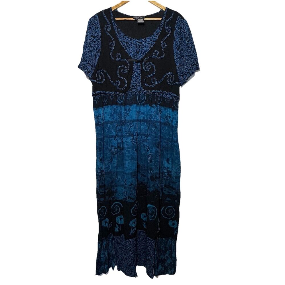 VINTAGE 90s CAROLE LITTLE Maxi Dress Blue Black Rayon Vest Soutache USA Size 16